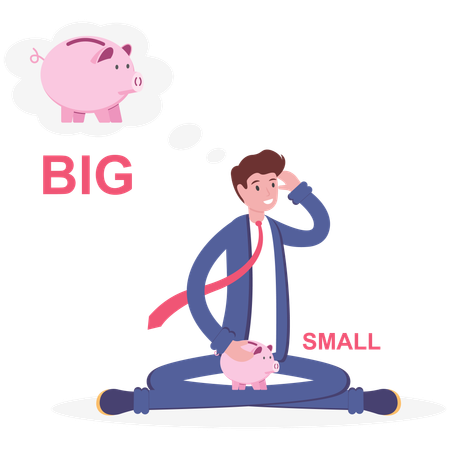 Sad businessman in stress with small piggy bank  Illustration