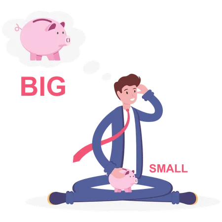 Sad businessman in stress with small piggy bank  Illustration