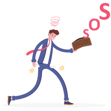 Sad businessman sos signal from empty wallet no money  Illustration