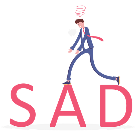 Sad businessman walk on word sad  Illustration