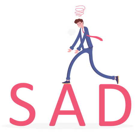 Character Sad Businessman Walk On Word Sad Vector Illustration Cartoon Illustration