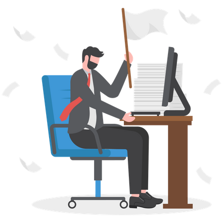 Sad businessman waving  white flag  Illustration