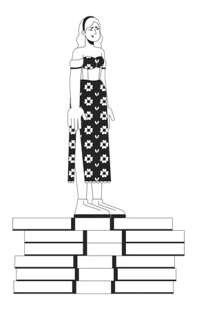 Sad caucasian woman standing on money pile  Illustration