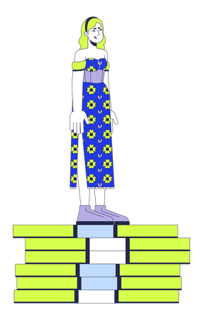 Sad caucasian woman standing on money pile  Illustration