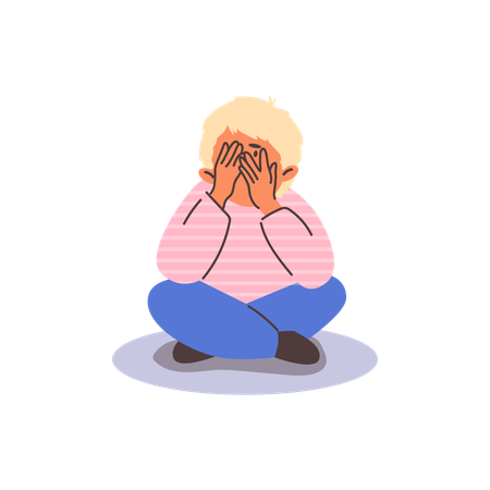 Sad child boy hides face behind hands and peeks through fingers  Illustration