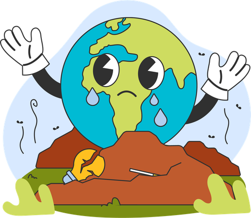 Sad crying Earth drowning in waste reaching out for help  Illustration