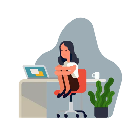 Sad depressed office worker woman at her workplace sitting on chair holding her knees Illustration