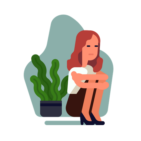 Sad depressed woman sitting on a floor holding her knees  Illustration