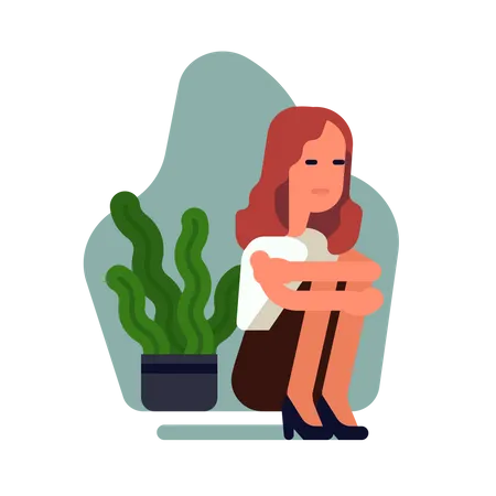 Sad depressed woman sitting on a floor holding her knees  Illustration