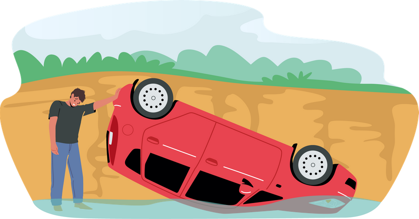 Sad driver stand near broken car  Illustration