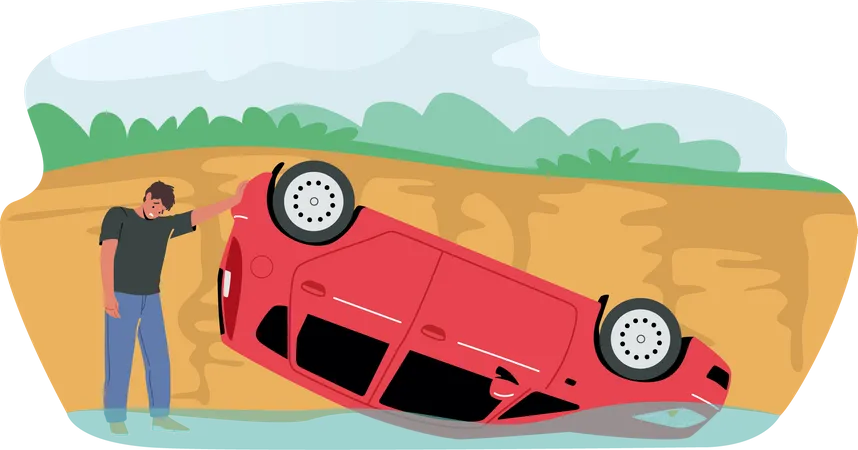 Sad driver stand near broken car  Illustration