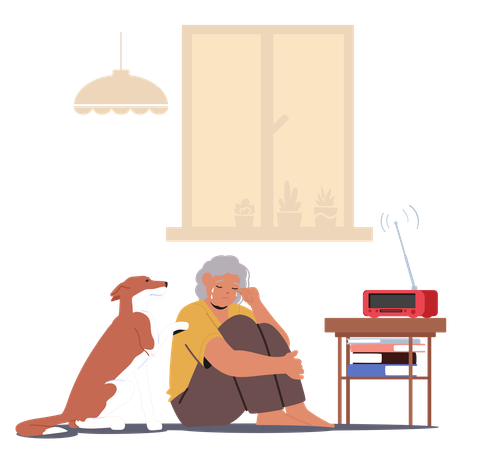 Sad Elderly Man Sitting With Dog  Illustration