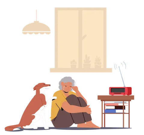 Sad Elderly Man Sitting With Dog  Illustration