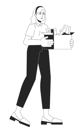 Sad European Woman Getting Fired Black And White 2 D Line Cartoon Character Dismissed Caucasian Female With Box Isolated Vector Outline Person Unemployment Crisis Monochromatic Flat Spot Illustration Illustration