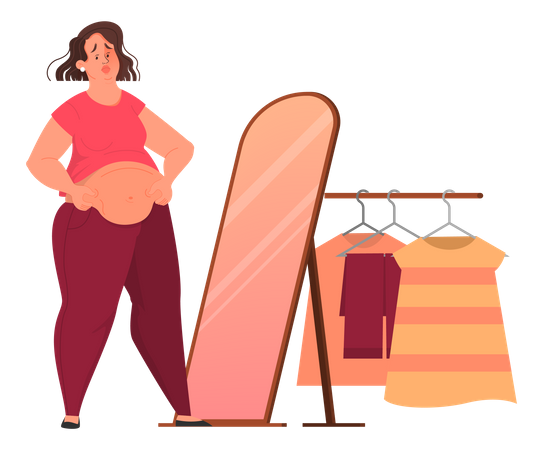 Sad fat woman looking in the mirror Illustration