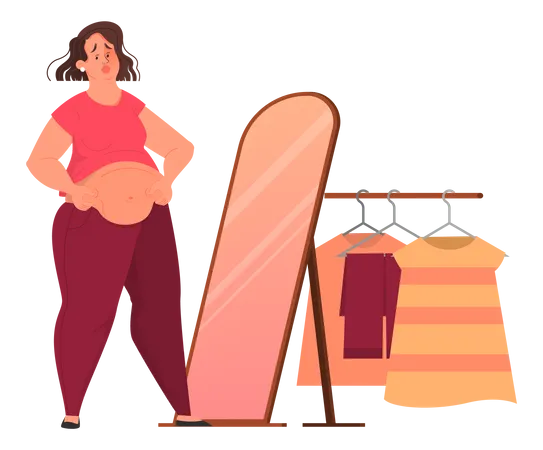 Sad fat woman looking in the mirror Illustration