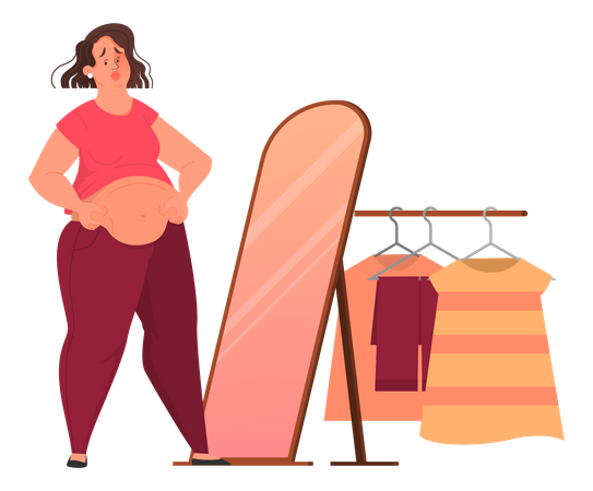 Sad fat woman looking in the mirror  Illustration