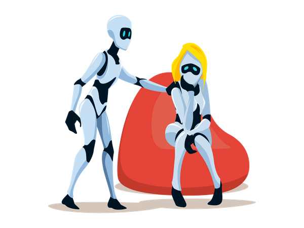 Sad female robot sitting in bean-bag  Illustration