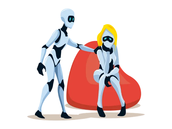 Sad female robot sitting in bean-bag  Illustration