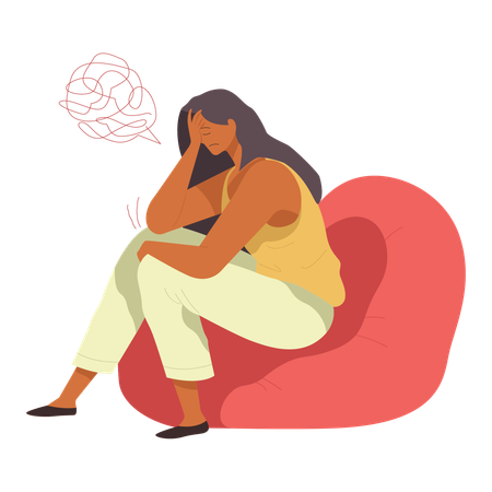 Sad female sitting on bean bag  Illustration