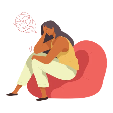 Sad female sitting on bean bag  Illustration