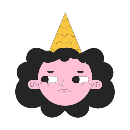 Sad Girl Birthday Hat 2 D Linear Vector Avatar Illustration Wavy Hair Young Woman Grumpy Cartoon Character Face Upset Female With Party Cone Portrait Side Eyes Flat Color User Profile Image Isolated Illustration