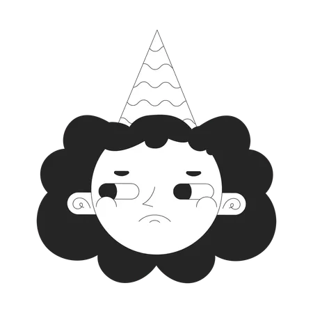 Sad Girl Birthday Hat Black And White 2 D Vector Avatar Illustration Wavy Hair Young Woman Grumpy Outline Cartoon Character Face Isolated Upset Female Party Cone Flat User Profile Image Portrait Illustration