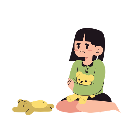 Sad girl holding teddy bear  Illustration