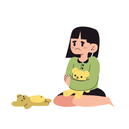 Sad girl holding teddy bear  Illustration