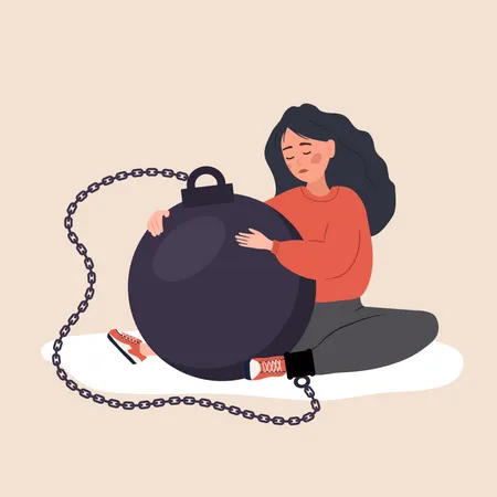 Self Flagellation Sad Woman Hugging Heavy Wrecking Ball And Feeling Guilty Concept Of Psychological Self Harm Criticism Judgment Mental Problems Vector Illustration In Flat Cartoon Style Illustration