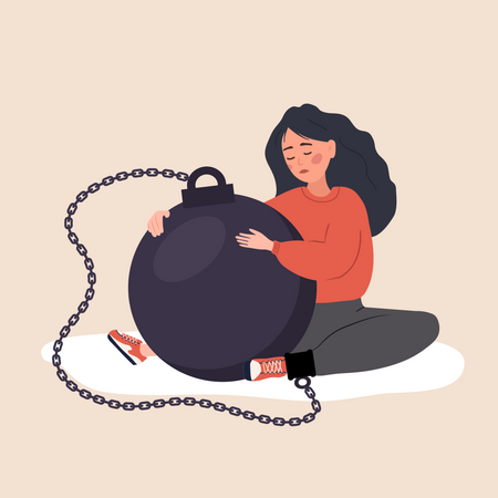 Sad girl hugging heavy wrecking ball and feeling guilty  Illustration