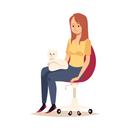 Sad girl is sitting with cat on lap Illustration