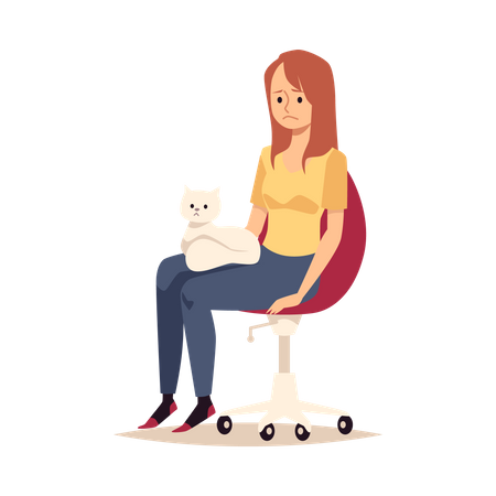 Sad girl is sitting with cat on lap  Illustration