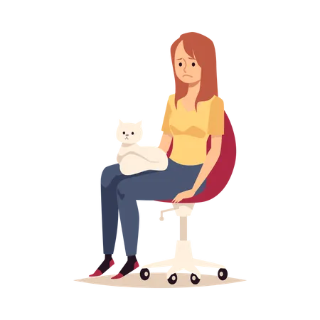 Sad girl is sitting with cat on lap  Illustration