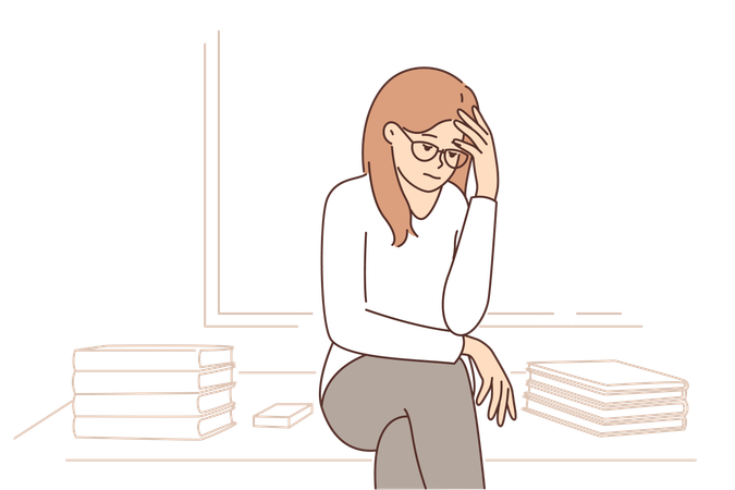 Sad girl sits near blackboard  Illustration