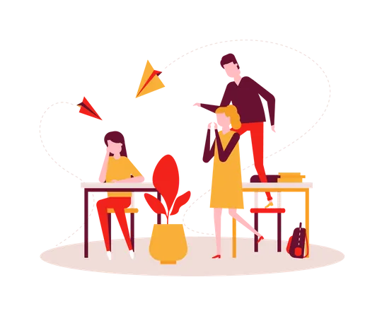 Sad girl sitting alone at the desk, teenagers, classmates mocking her, throwing paper planes Illustration