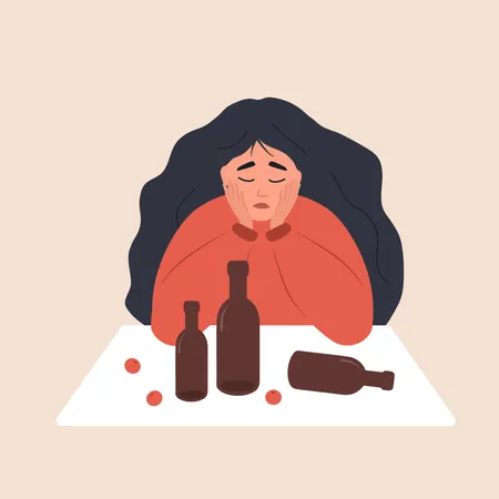 Alcohol Abuse Booze Concept Sad Girl Sitting At Table And Drinking Wine Social Issue Alcohol Addiction Dangerous Habit Vector Illustration In Flat Cartoon Style Illustration