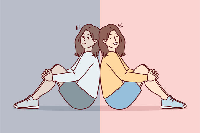 Sad girl vs happy girl Illustration
