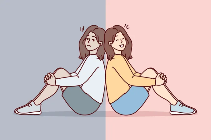 Sad girl vs happy girl  Illustration