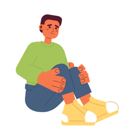 Sad Hispanic Boy Semi Flat Color Vector Character Scared Young Man Sitting Hugging Knees Editable Full Body Person On White Simple Cartoon Spot Illustration For Web Graphic Design Illustration