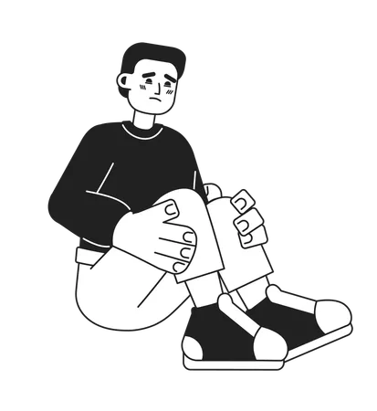 Sad Hispanic Boy Monochromatic Flat Vector Character Scared Young Man Sitting Hugging Knees Editable Thin Line Full Body Person On White Simple Bw Cartoon Spot Image For Web Graphic Design Illustration