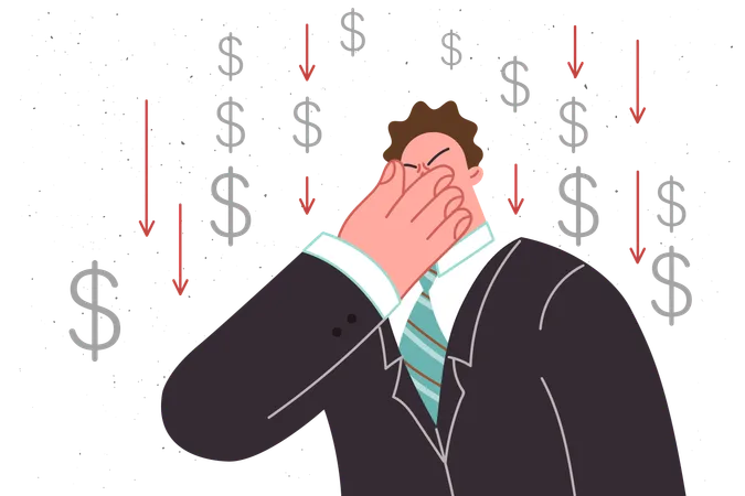 Sad Investor Upset About Loss Of Investment In Company Due To Bankruptcy Or Recession Wipes Away Tears Standing Among Falling Usd Signs Man Investor In Business Suit Failed In Stock Market Illustration