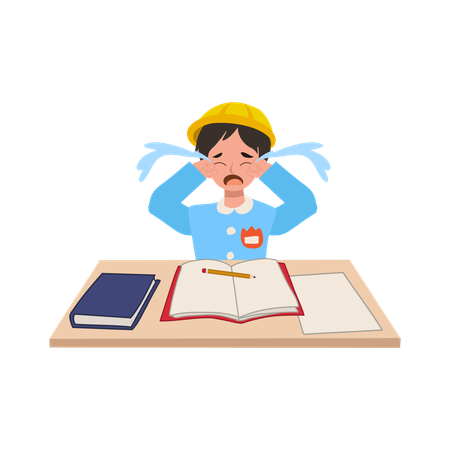 Sad japanese boy in school uniform crying at desk resisting school activities  Illustration