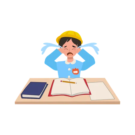 Sad japanese boy in school uniform crying at desk resisting school activities  Illustration