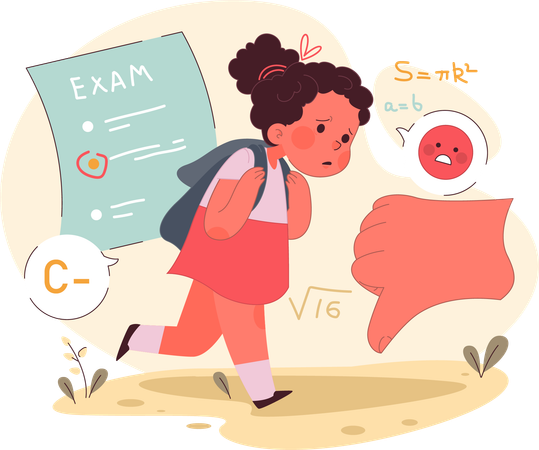 Sad little girl holding a backpack with bad grades  Illustration