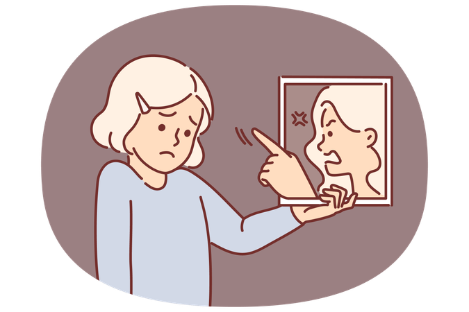 Sad little girl holding mirror with swearing reflection for concept of low self-esteem  Illustration