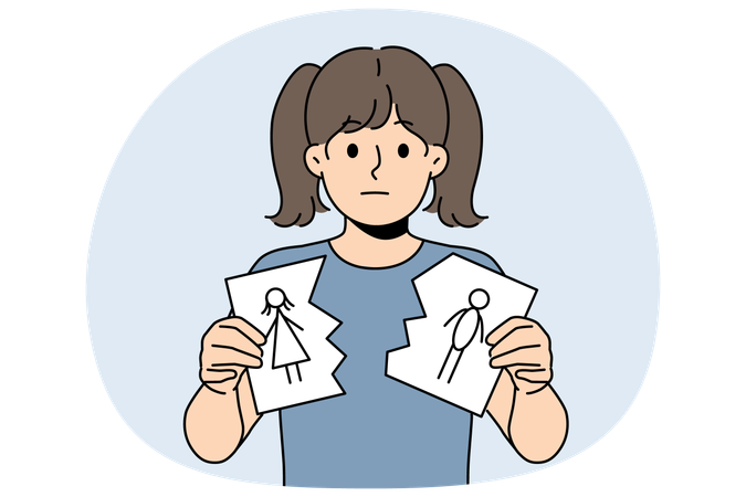 Sad little girl nervous about parents divorce and holding torn drawing of mom and dad  Illustration