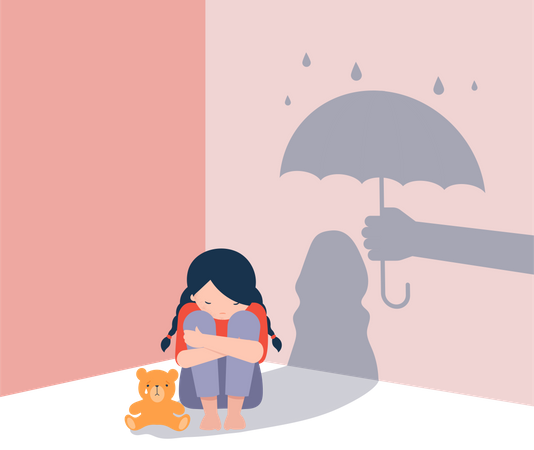 Sad little girl with teddy bear sitting on floor  Illustration