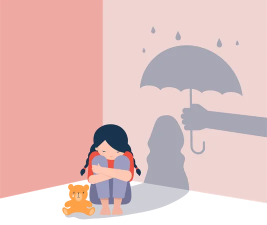 Sad little girl with teddy bear sitting on floor  Illustration