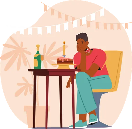 Sad Lonely Man Celebrates His Birthday With A Solitary Cake And A Heavy Heart Black Young Male Character Longing For Companionship And Warmth Cartoon People Vector Illustration Illustration